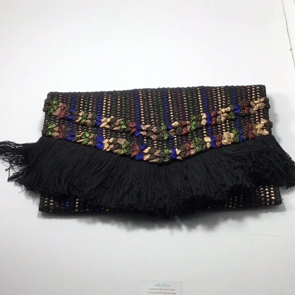 Stella & Dot Taj Black/Metallic Multicolored Woven Clutch.